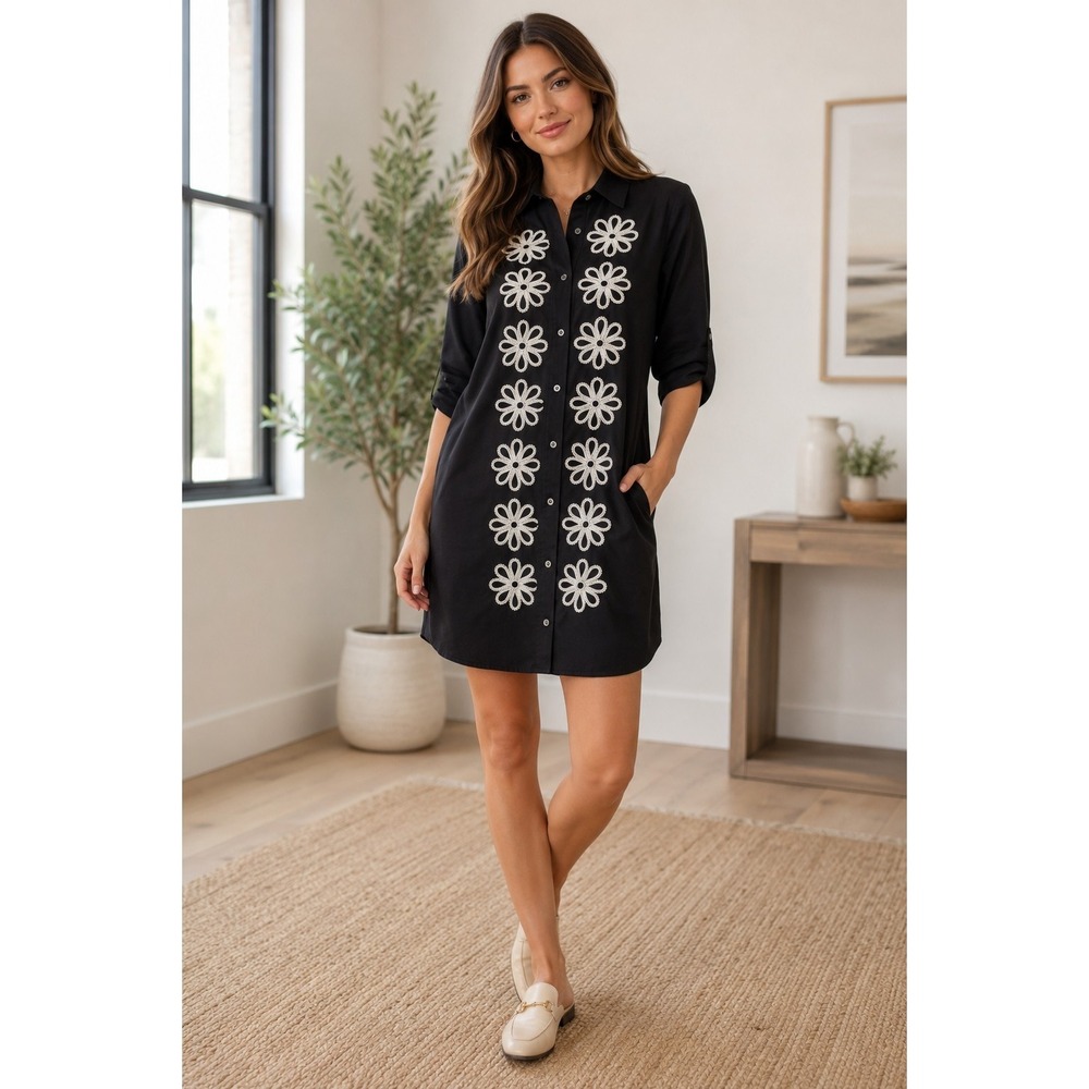 NWT Karen Kane Sz M Embroidered Shirtdress Black White Floral ‎ Pockets Roll Tab